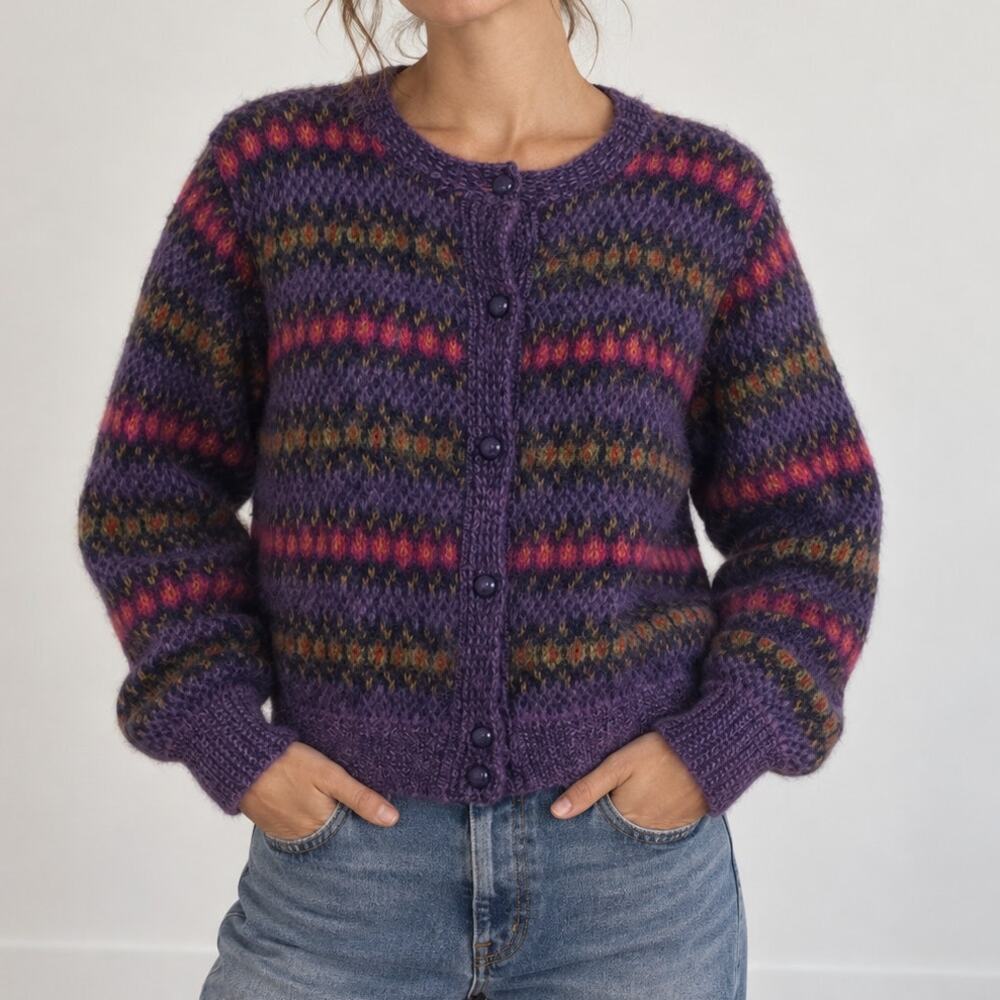 Vintage United Colors of Benetton Mohair Cardigan Italy Purple Fair Isle Size 52